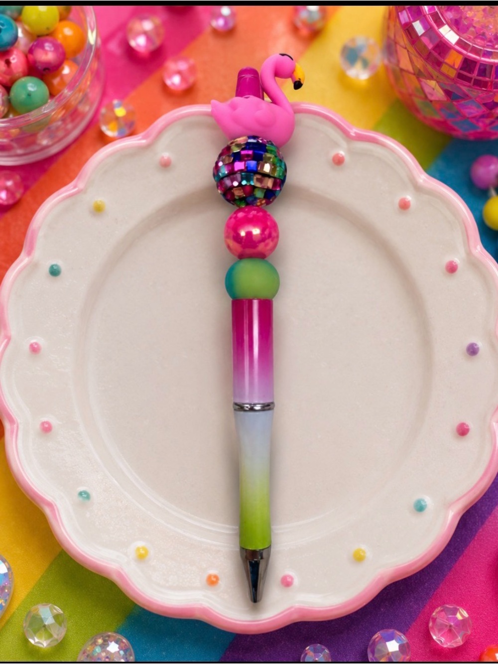 Handmade Pink Flamingo Beaded Ballpoint Pen - Multi Colors